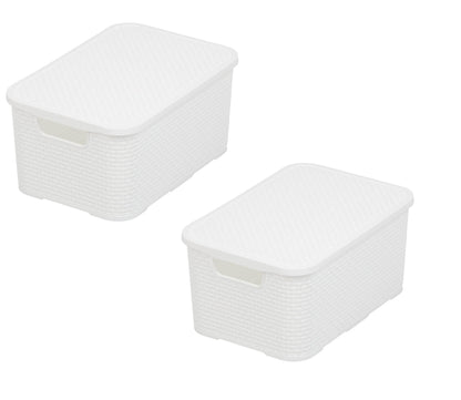 BranQ Home essential Basket with Lid in Rattan Design, Set of 2, Size M, 19 L, BPA-Free Plastic PP, White, 28.8 x 19.7 x 16.2 cm, Pack of 2