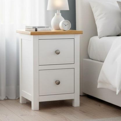 GROF GROFurniture Bedside Table 2 Drawers, Solid Wooden Side End Bedside Cabinet with Oak Top, Narrow Bedside