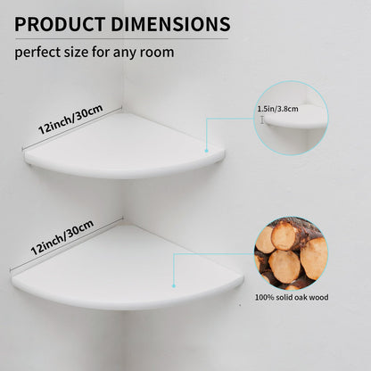 Gieanoo White Corner Shelf Wall Mount, Solid Oak Wood Set of 2 12inch Floating Corner Shelf Round End Floating Speaker Shelf With Wire Hole Shelf for