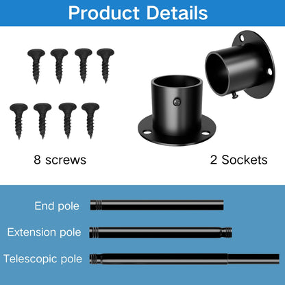 Wardrobe Rails and Fittings, Extendable Clothes Rail, Wardrobe Pole for Wardrobe and Cloakroom, Black, 68-90cm(Diameter 32mm)