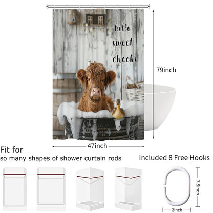 Hnmdmyi Funny Highland Cow Shower Curtain 120x200, Farmhouse Western Animal Cattle Duck Bathing in Bubbly Bathtub Bathroom Curtains Waterproof