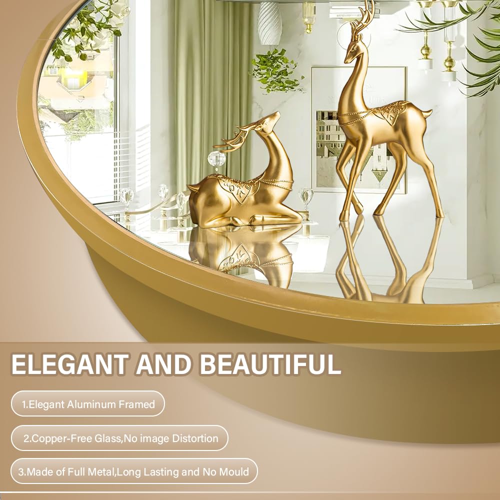 Janboe Round Mirror Cabinet,Aluminum Framed,Soft Close Hinge,51cm,Gold
