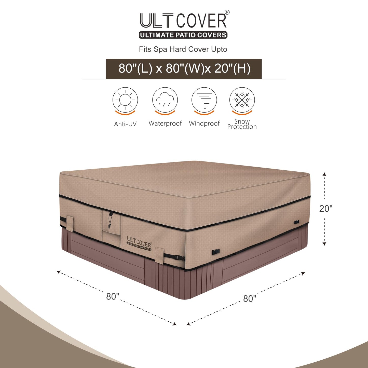 ULTCOVER Waterproof 600D Polyester Square Hot Tub Cover Outdoor SPA Covers 80 x 80 inch