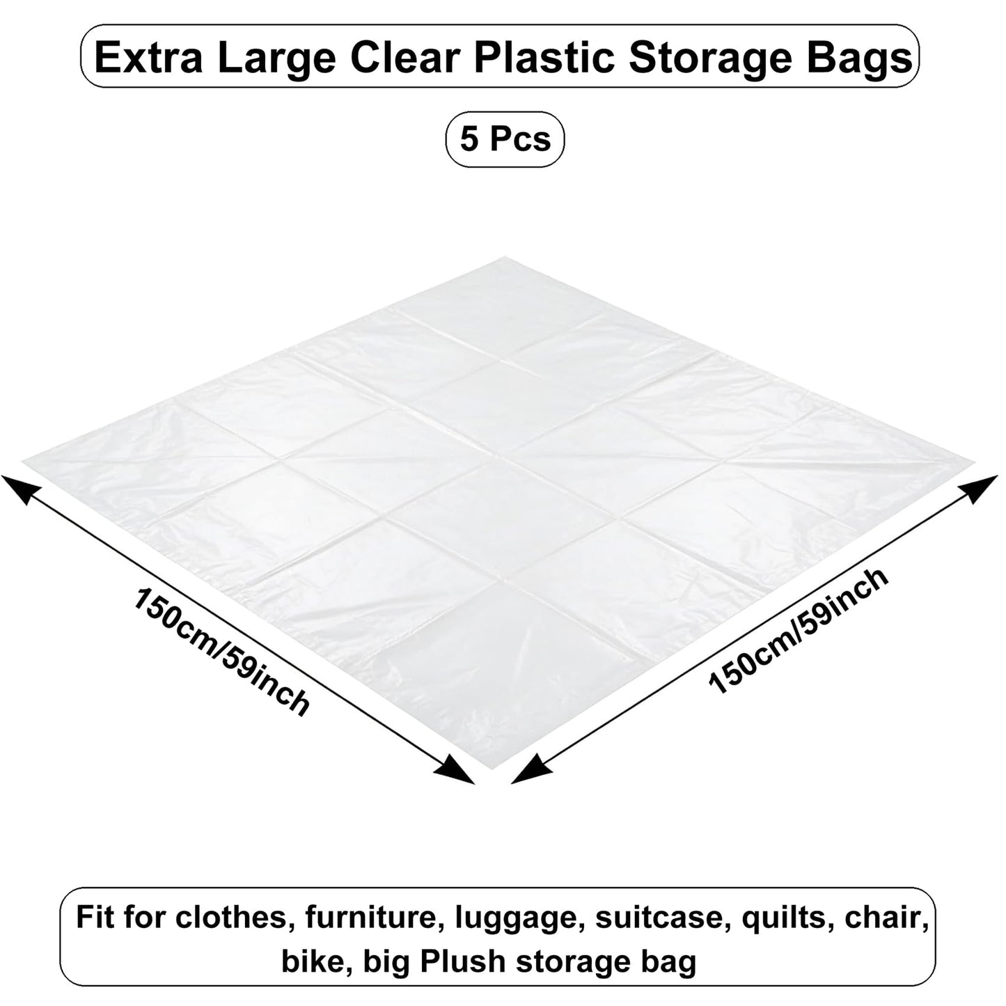 QISF Extra Large Clear Plastic Bags 150 x 150 cm, 5 PCS Waterproof Jumbo Storage Bags,Suitcase Storage Bag for