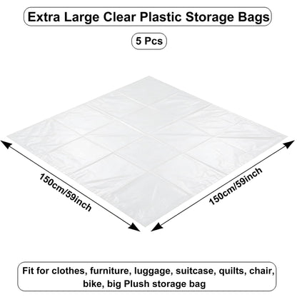 QISF Extra Large Clear Plastic Bags 150 x 150 cm, 5 PCS Waterproof Jumbo Storage Bags,Suitcase Storage Bag for