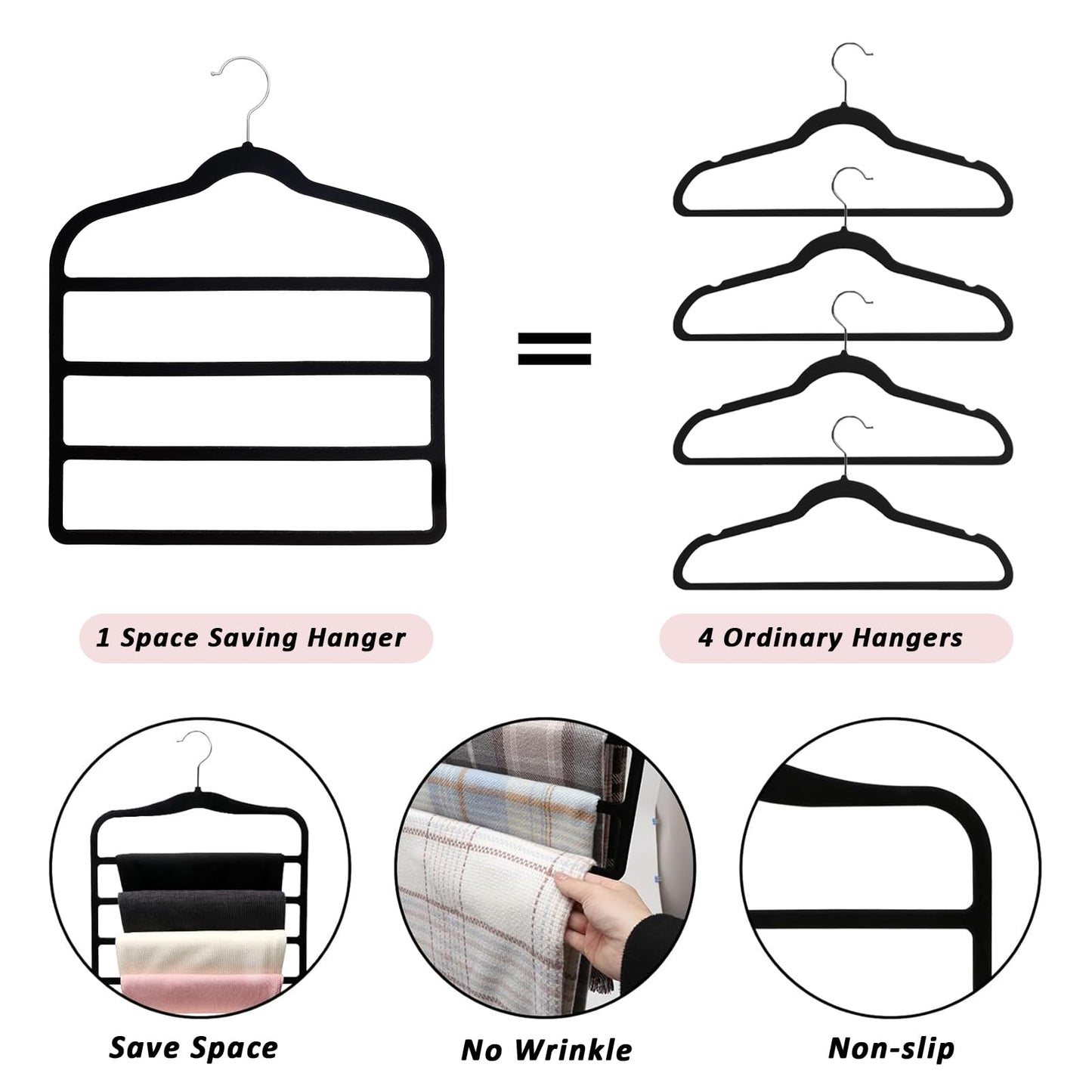 3 Pack Velvet Trouser Hangers - 4-Layer Space Saving, Non Slip for Jeans, Trousers, Leggings, Tie, Scarf and Towel