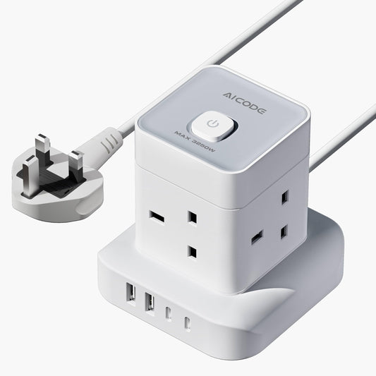 AICODE Cube Extension Lead with USB Slots,4 Way Multi Plug Extension Socket Tower with 2 USB C & 2 USB A Ports,Overload Protected Extension Lead with