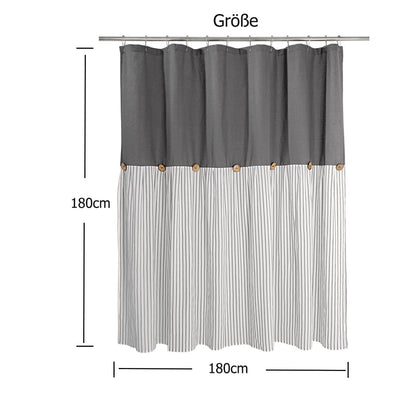 DOSLY IDÉES Linen-Cotton Shower Curtain, Country Style, Grey Striped, Buttons, Woven Fabric, Pleated, 180 x 180 cm