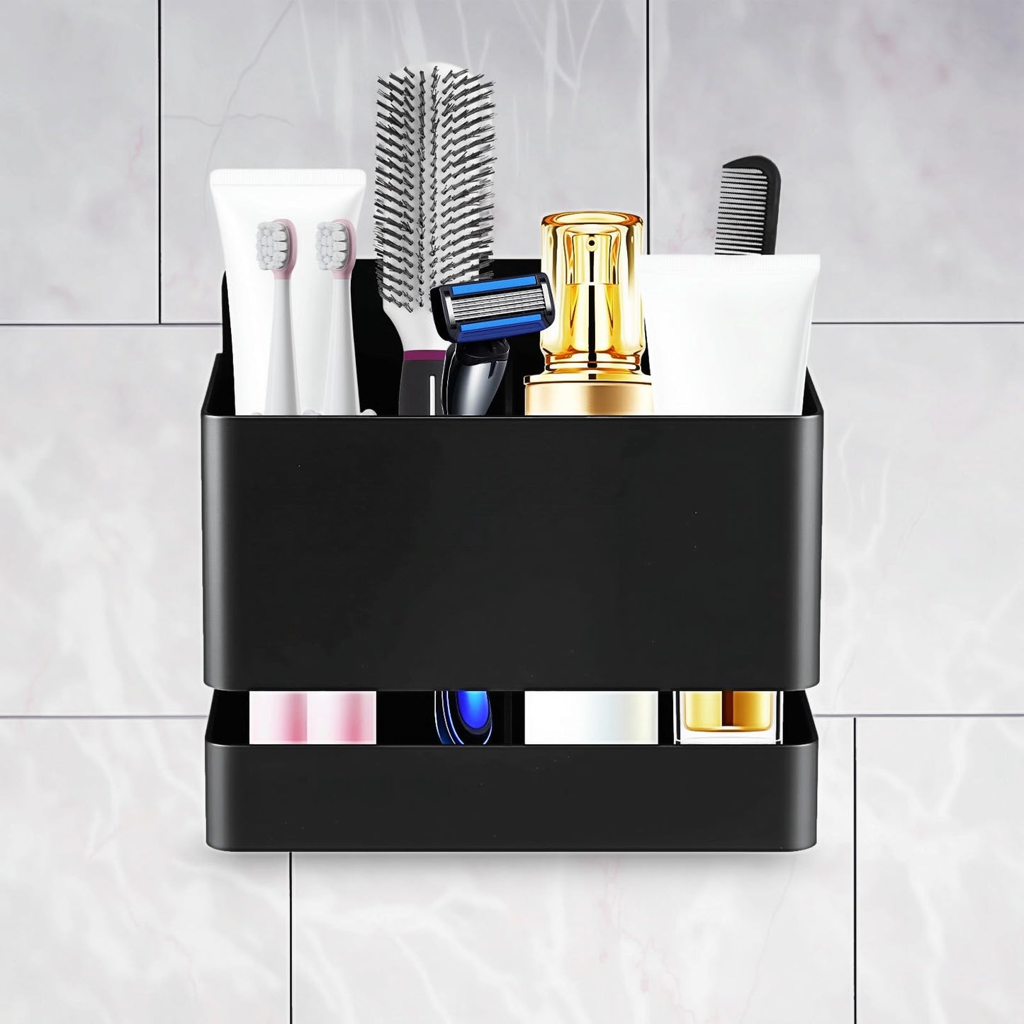 Aluminum Toothbrush Holders for Bathroom, Two slot Holder Self-adhesive Hanging Bracket with Drain, Holes Holder Stainless Steel Black for Toothbrush,