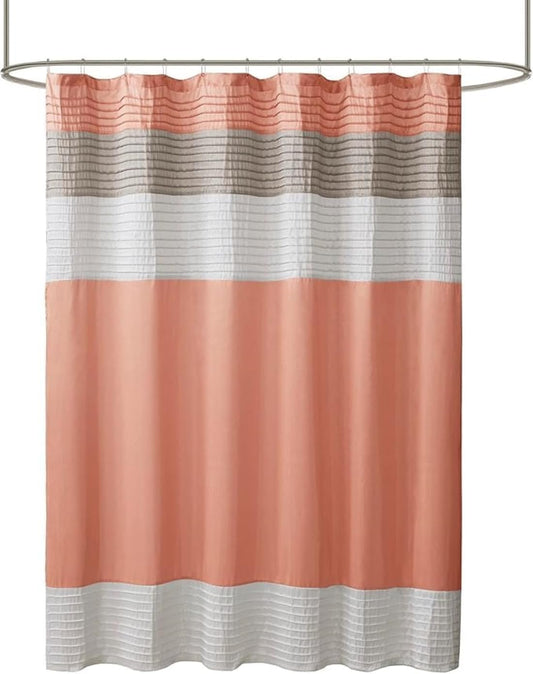 Madison Park Bathroom Shower Faux Silk Pieced Striped Modern Microfiber Bath Curtains, Polyester, Coral, 72" W x 72" L (Pack of 1)