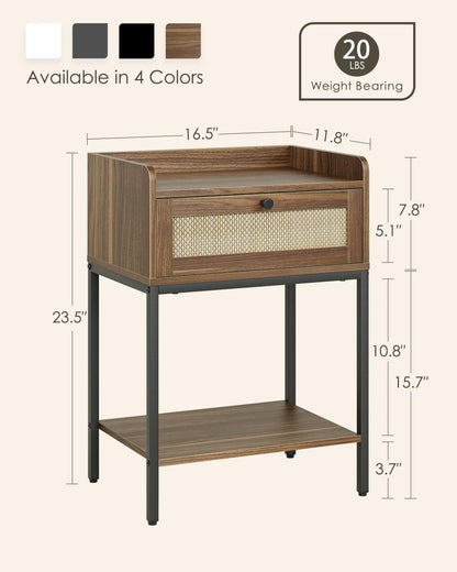 HEYZOEY Rattan Bedside Table, Walnut Modern Bedside Table with Storage Drawer and Shelf, Small Side Table for Bedroom, Living Room, Walnut Rattan