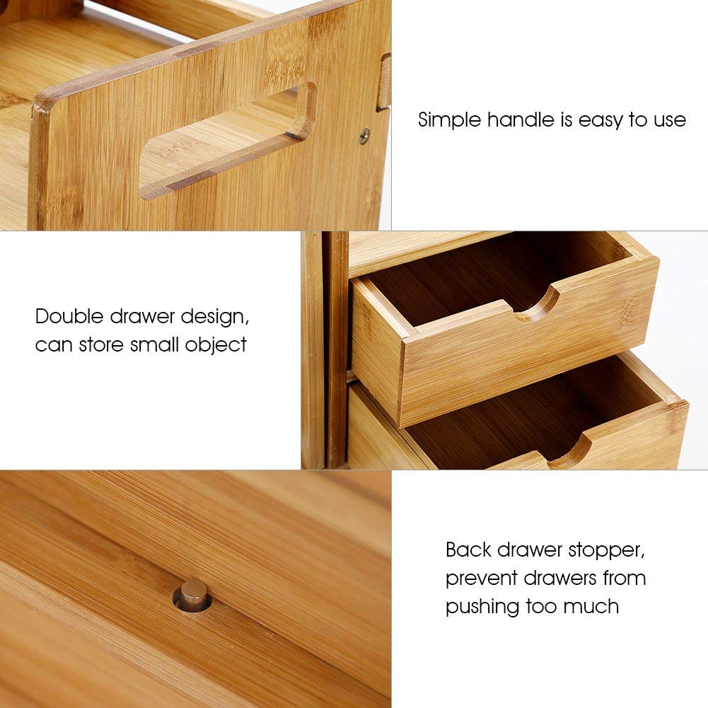 Ejoyous Bamboo Desk Organiser, Extendable Adjustable Desktop Bookcase Multipurpose Wooden Tabletop Bookshelf with 2 Drawers for Living Room Bed Room