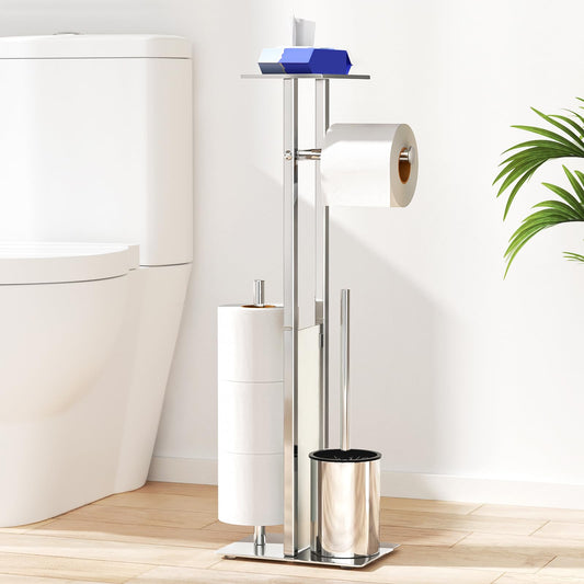 Toilet Roll Holder with Toilet Brush - Toilet Roll Holder Free Standing with Shelf for Wet Wipes, Toilet Roll and Brush Holder Free Standing, Silver