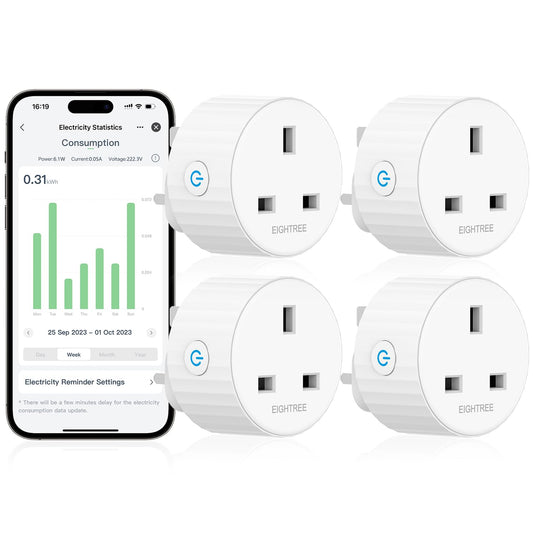 EIGHTREE Smart Plugs with Energy Monitoring, WiFi Smart Sockets with Remote Control and Timer, 2.4GHz Wi-Fi, 13A, 4 Pack - Alexa & Google Home