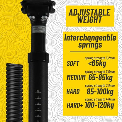 BikePeak Seat Post Suspension in Black Including 4 changeable Springs 27.2/30.9/31.6 mm | 350 mm Long Adjustable Shock Absorber Seatpost (Length 350