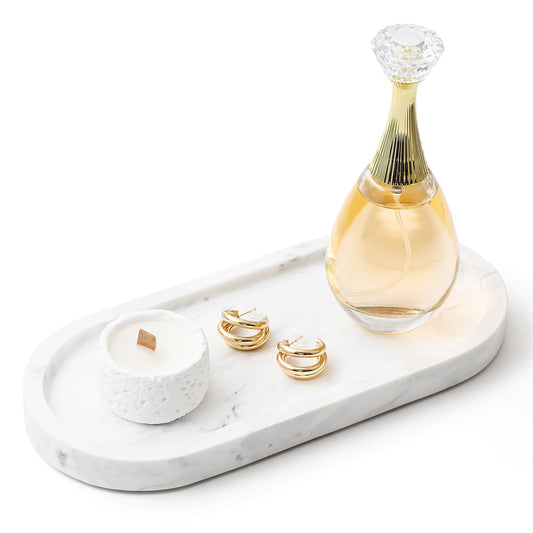 WORHE Natural Marble Vanity Tray Italy Oval Stone Trays for Candles Perfume, Decorative Jewelry Dish for Small Items, Countertop Storage Organizer for
