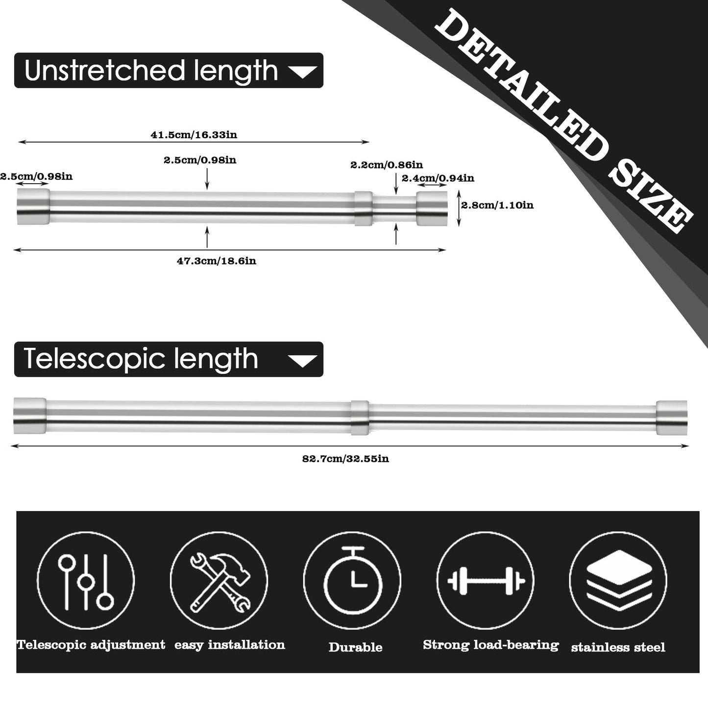 CENBEN 2 Pcs 47-80cm Extendable Stainless Steel Wardrobe Rail, Adjustable Clothes Rail Pole With Screw, Heavy Duty Wardrobe Hanger Rail for Clothes