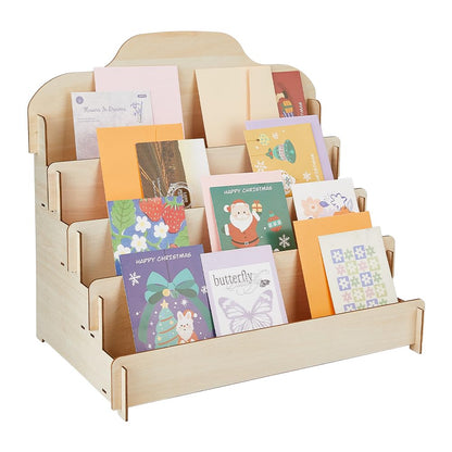 DICOSMETIC 4-Tier Greeting Card Display Stand Wood Sticker Rack Portable Birthday Card Display Wooden Sticker Holder Organizer for Home Retail