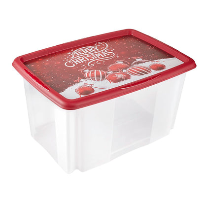 keeeper Storage Box with Christmas Motif and Lid, Stackable, 55x39.5x29.5 cm, 45 L, Wika, Red / Transparent