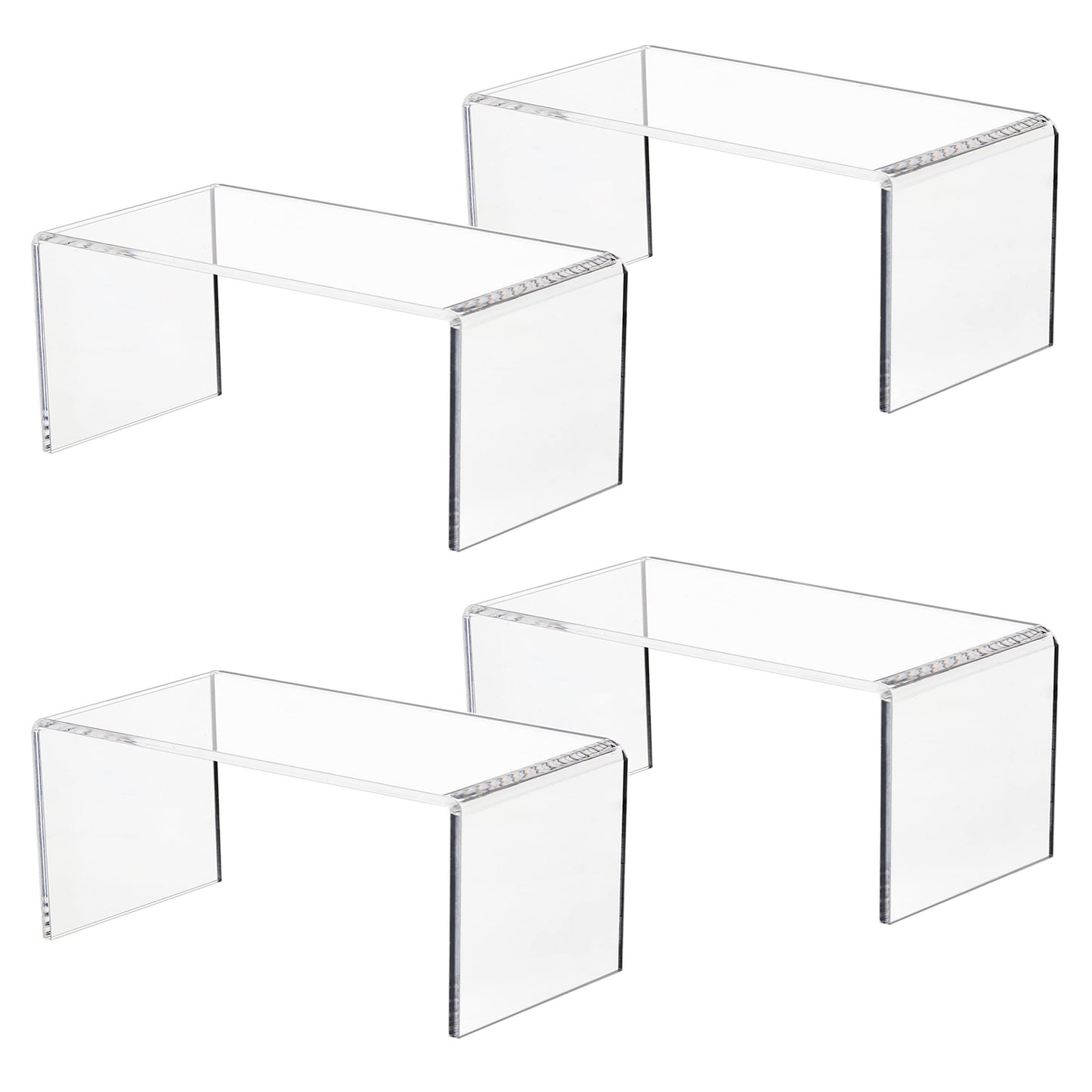 Jusalpha 4 PC Clear Acrylic Risers, Acrylic Display Risers Shelf Showcase Fixtures for Jewelry, Display Stand for Amiibo Funko POP Figures, Cupcakes