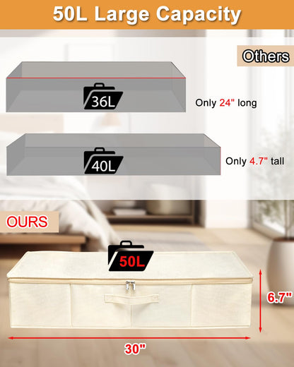 JUPELI 50L Under Bed Storage Boxes with Lids, 2 Pack, Beige