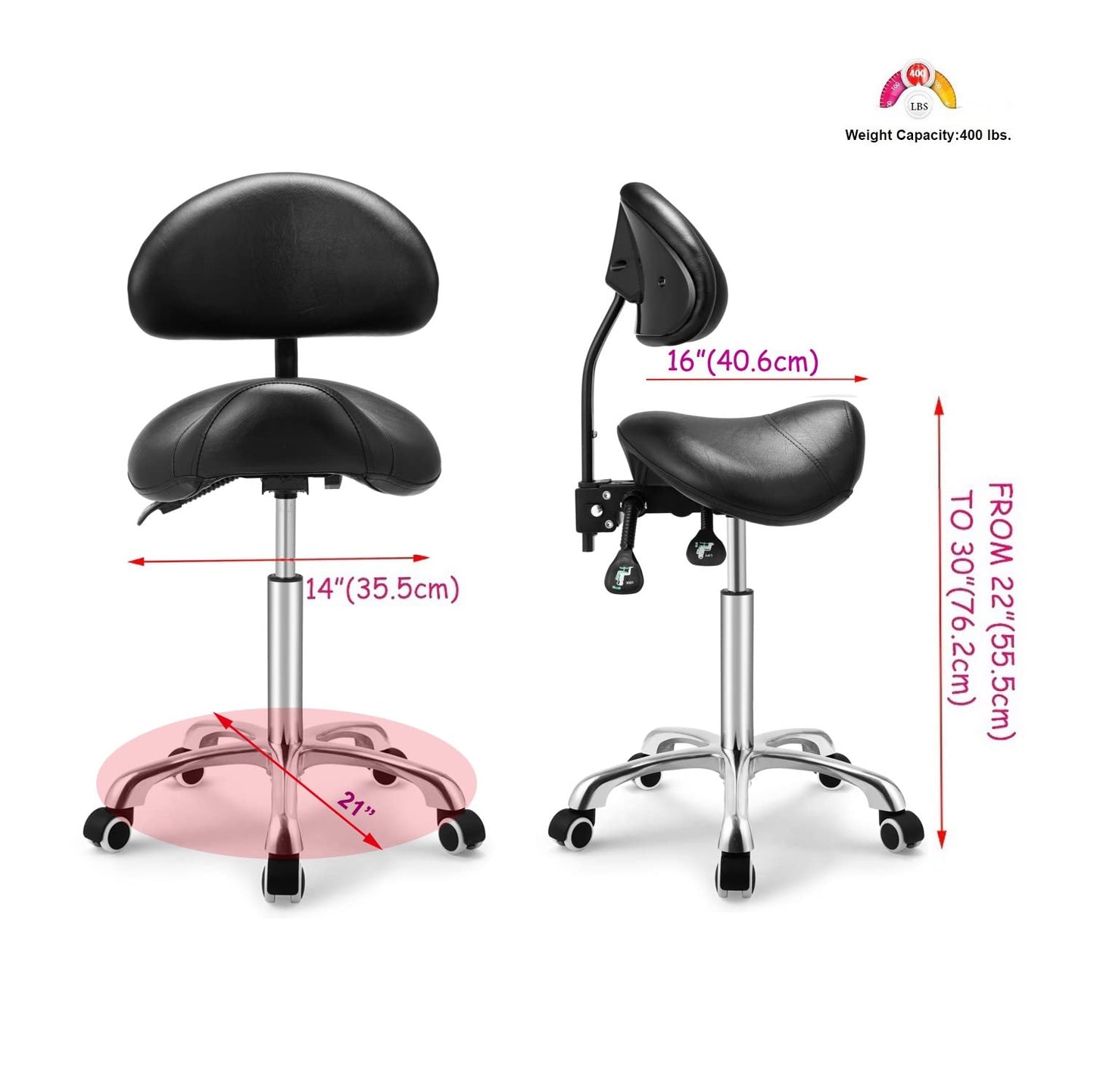 Kaleurrier Rolling Swivel Stool with Back - Height Adjustable with Wheels, Heavy Duty Anti-Fatigue, Ergonomic Chair for Lab, Clinic, Dentist, Salon