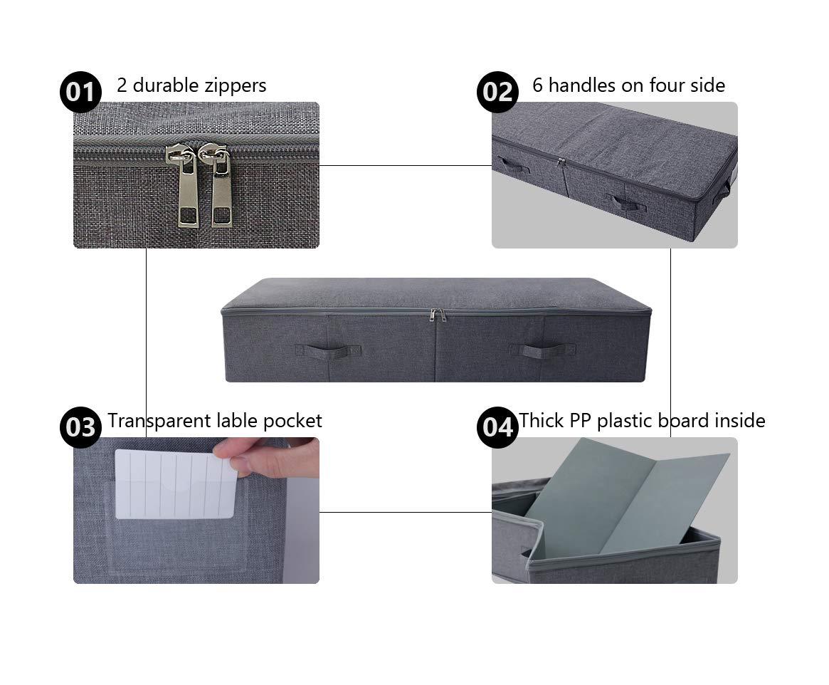 Amonsen 2 Pack Large Foldable Under Bed Storage Container for Duvets, Blankets, Clothes, Shoes, Hard Plastic Boards Inside, Washable, Black and Grey