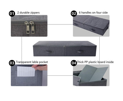 Amonsen 2 Pack Large Foldable Under Bed Storage Container for Duvets, Blankets, Clothes, Shoes, Hard Plastic Boards Inside, Washable, Black and Grey