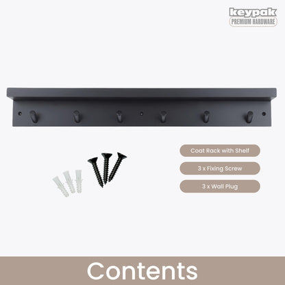 keypak 6 Coat Hooks with Shelf, 68cm Wooden Floating Shelf with Lip