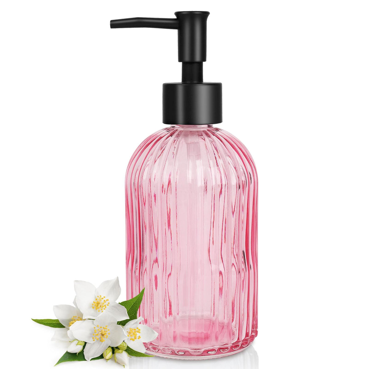 Topsky Glass Soap Dispenser with Black Rustproof Plastic Pump, 400ml Pink