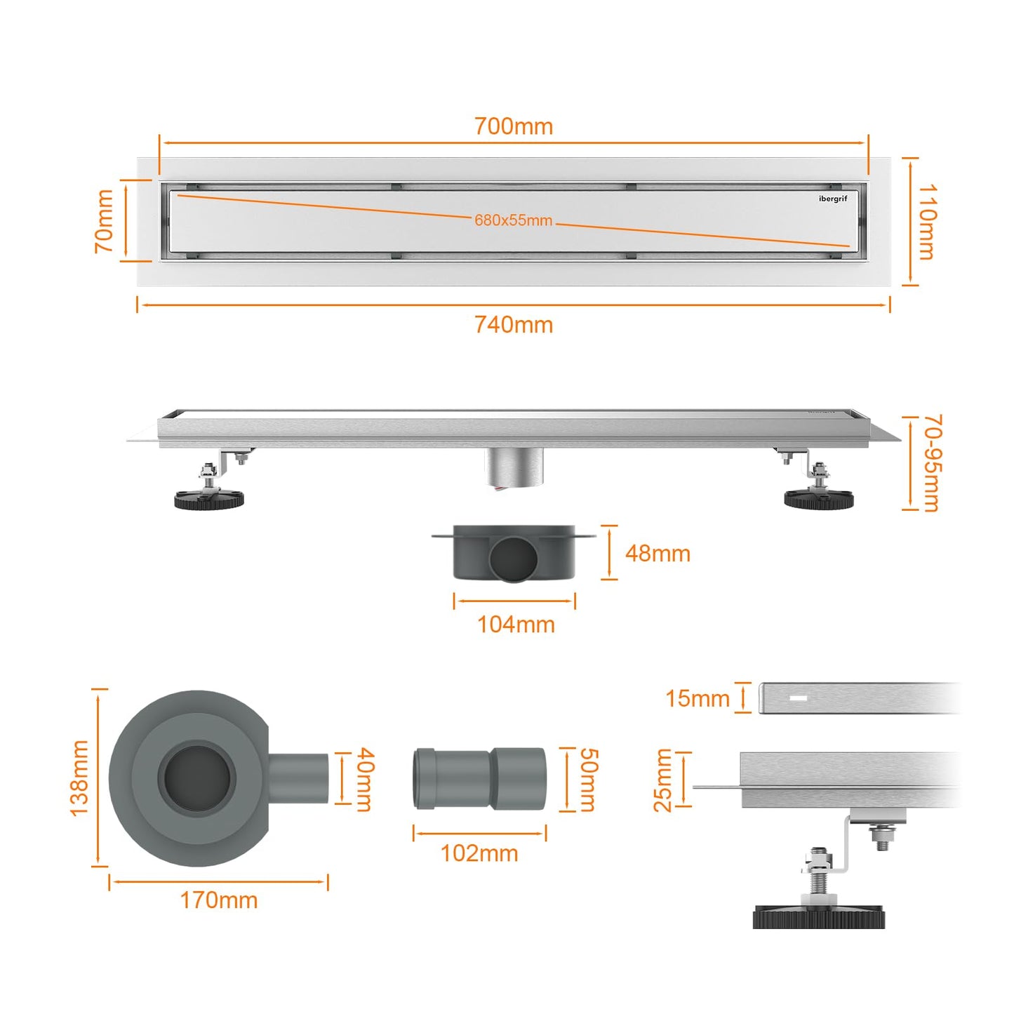 Ibergrif M42001-70 Linear Shower Drain 700mm, 2 in1 Double-sided Tile Insert Stainless Steel Invisible Bathroom Floor Drain Set with Odor Stop and