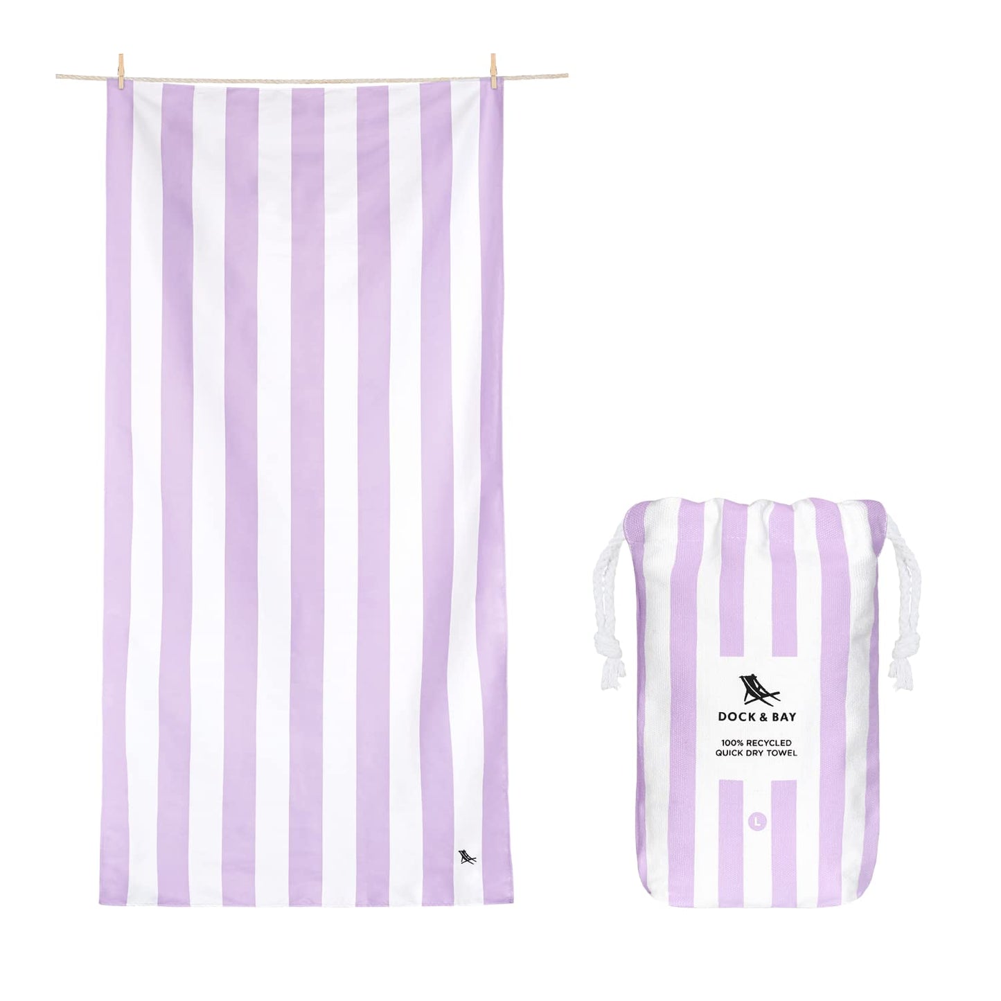 Dock & Bay Beach Towel - Quick Dry, Sand Free - Compact, Lightweight - 100% Recycled - Includes Bag - Cabana Light - Lombok Lilac - Large (160x90cm,