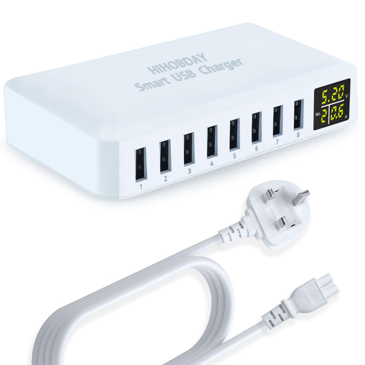 HIHOBDAY 60W 8-Port GaN Charging Station, USB Fast Charger Plug with Display, Compatible with iPhone Samsung Huawei Series and More (White)