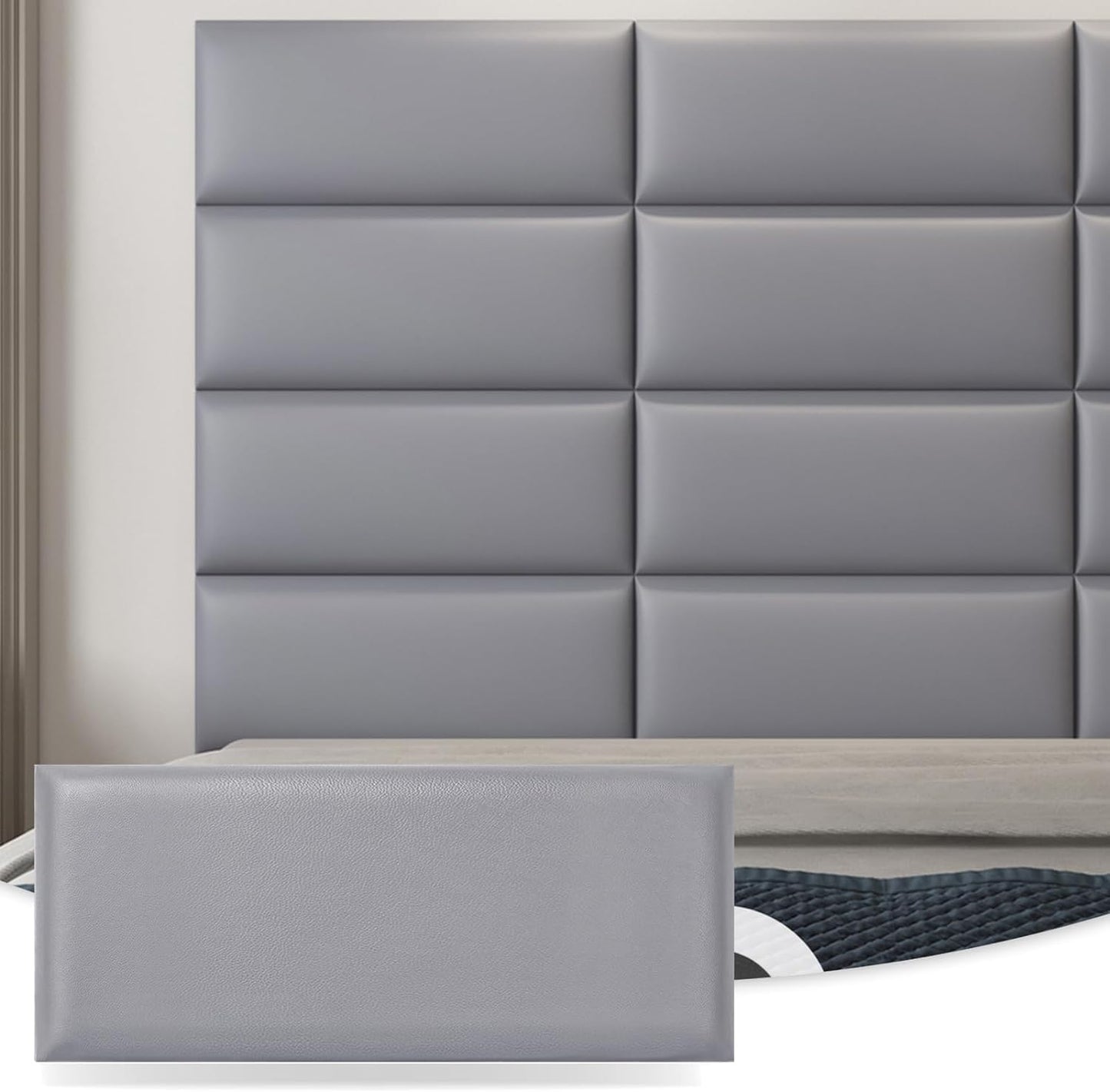 Art3d Peel and Stick Headboard for King, Full and Queen in Grey, Pack of 12 Panels Sized 9.84" x 23.62", Soundproof Wall Panels 3D
