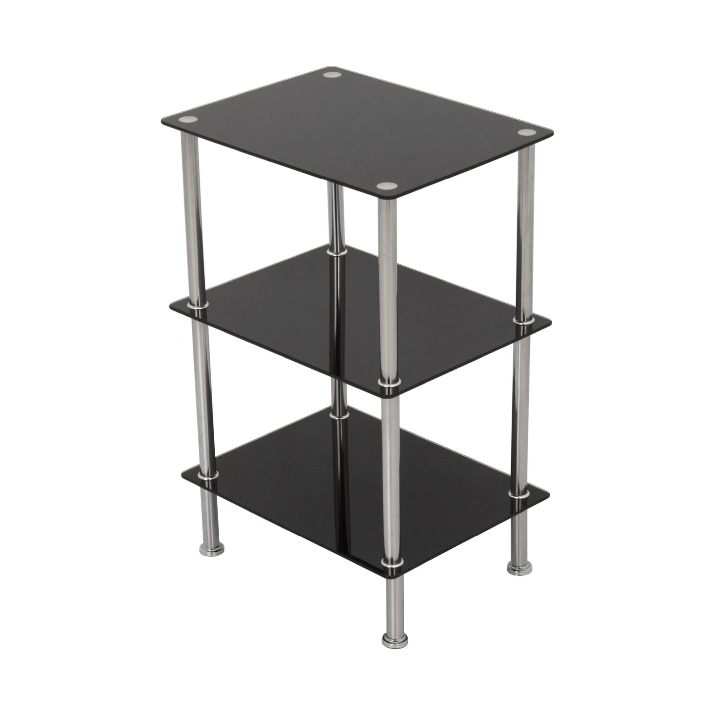 king MAHARA 3 Tier Chrome Effect Black Glass Shelving Unit - Tempered Safety Glass Shelves Max 5kg Each - Storage Unit W40cm x D30cm x H61cm