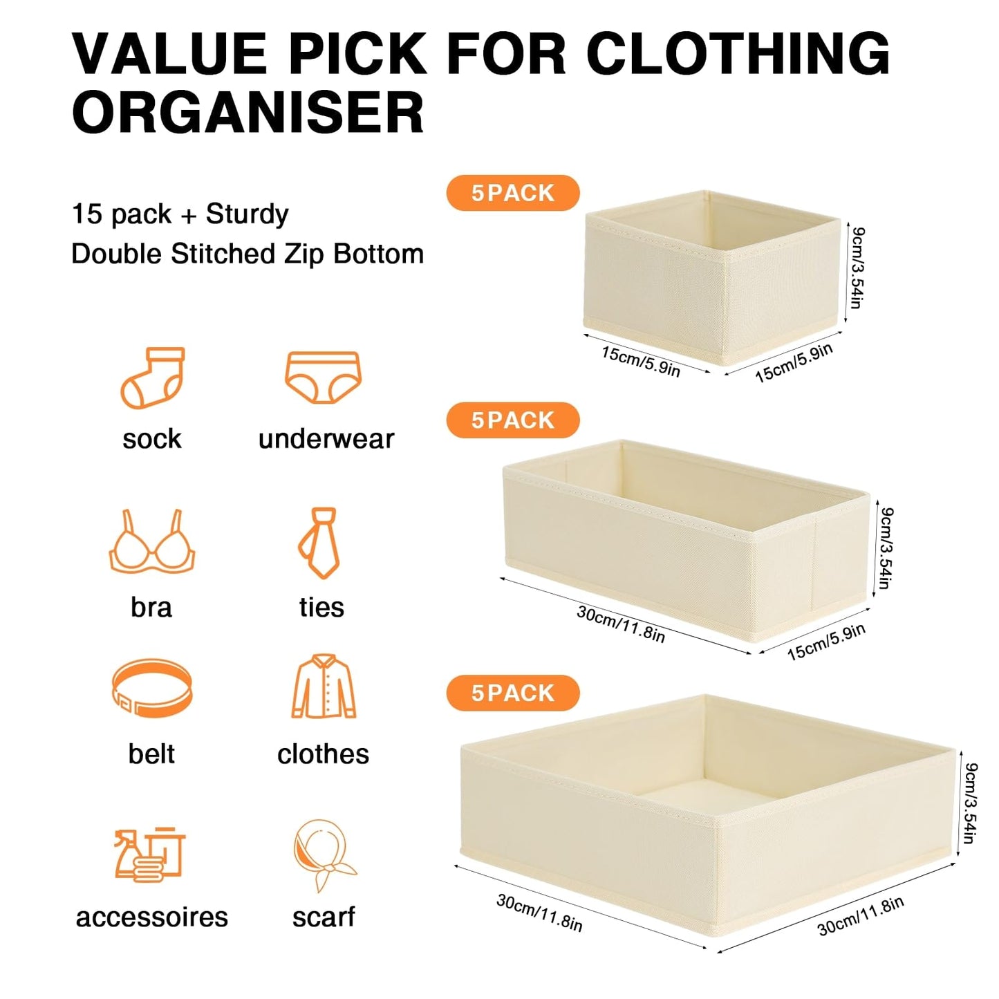 DIMJ 15Pack Clothes Organiser for Wardrobe, Baby Nursery Dividers, Beige