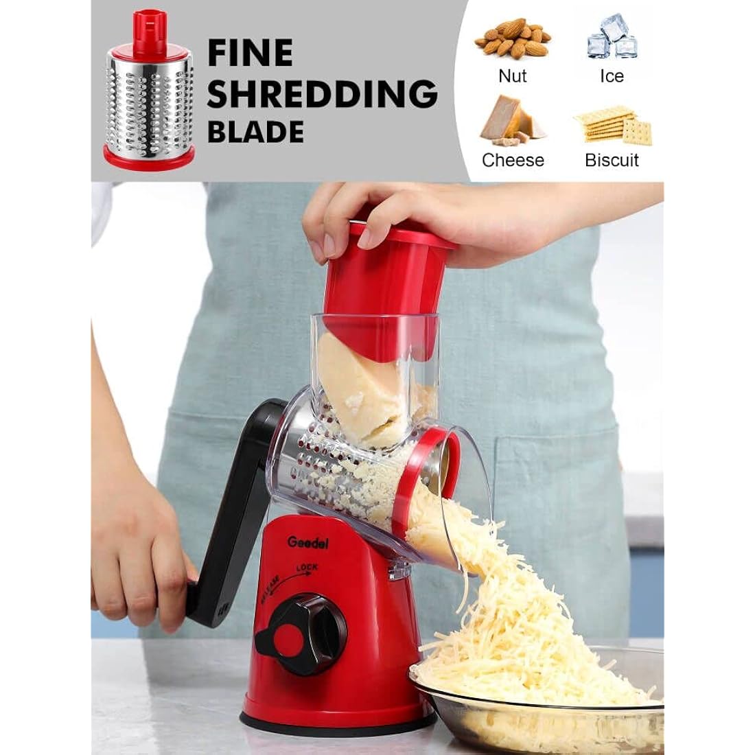 Rotary Cheese Grater, Vegetable Slicer with Three Drum Blades, Grater for Kitchen Faster and Easy Cutting, Rotary Drum Grater Ideal for Cheese, Cucumber, Carrot, Nuts, etc.