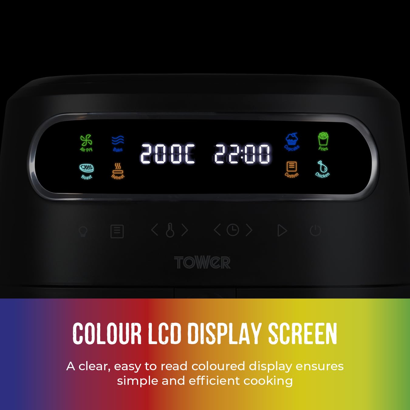 Tower, T17123, Vortx Vizion 7.5L Air Fryer with Colour Digital Display, Digital Control Panel & 7 One-Touch Pre-sets, 1900W, Black