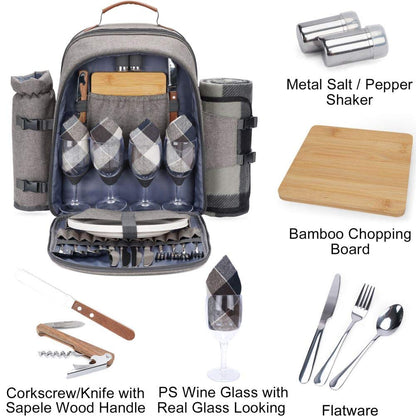 HappyPicnic Insulated Picnic Backpack for 4 Persons with Full Set of Tablewares, Roomy Cooler Compartment, Bottle Holders and Large Waterproof Picnic