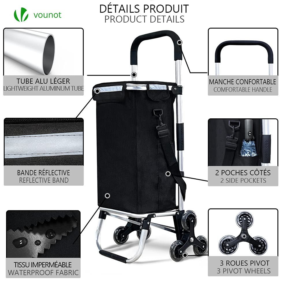 VOUNOT Folding Shopping Trolley on 6 Wheels, Aluminium Lightweight Shopping Cart with Insulated Cooling Bag, Stair Climbing Grocery Trolley, 58L,