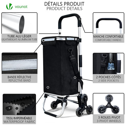 VOUNOT Folding Shopping Trolley on 6 Wheels, Aluminium Lightweight Shopping Cart with Insulated Cooling Bag, Stair Climbing Grocery Trolley, 58L,
