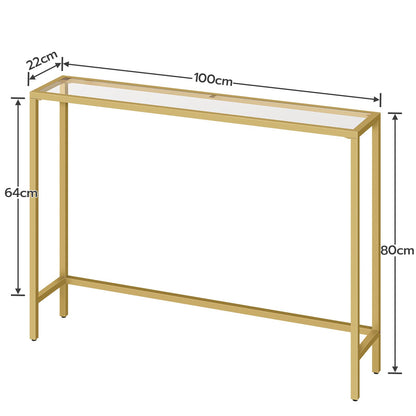 HOOBRO Gold Console Table for Hallway Slim, 100 cm Tempered Glass Sofa Table, Slim Hallway Table, Glass Console Table, Modern Display Table for Living