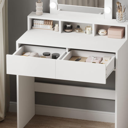 WestWood Modern LED Dressing Table with Hollywood Mirror, Makeup Vanity Desk with Drawers and Open Shelves