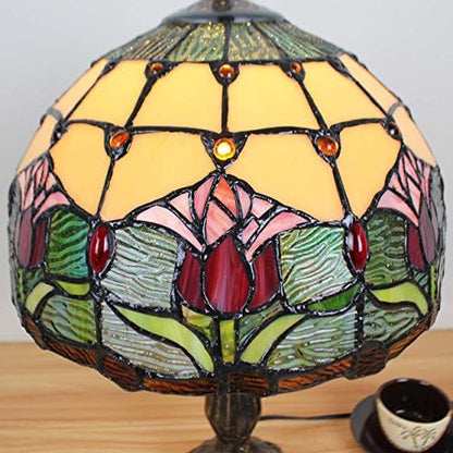 Bieye L30020 Tulip Flower Tiffany Style Stained Glass Table Lamp Night Light with 12 Inches Wide Handmade Lamp Shade Metal Base for Bedside Bedroom Living Room, 18 inches Tall, Red Green…