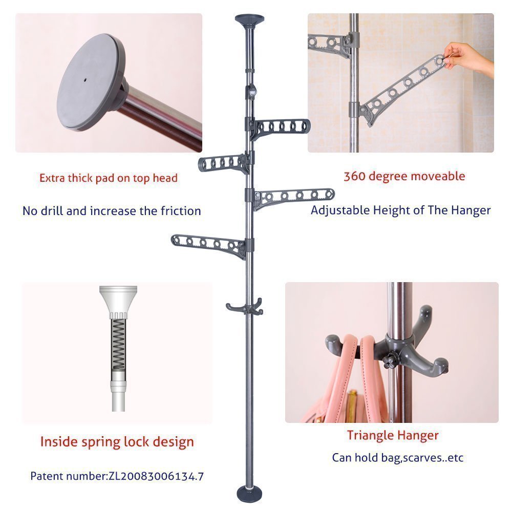 BAOYOUNI 4-Tier Standing Clothes Laundry Drying Rack Coat Hanger Organizer Floor to Ceiling Adjustable Metal Corner Tension Pole, Grey