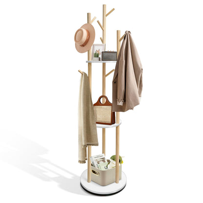 SUNDOY 165CM Rotating Wooden Coat Rack Freestanding with 3 Shelves & 9 Hooks, Hall Tree Stand for Entryway, Bedroom, Hallway & Living Room