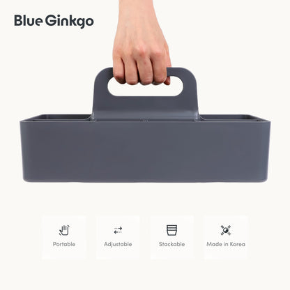 BLUE GINKGO Stackable Organizer Caddy – Korean-Made Portable Tote for Bathroom, Office, Crafts, or School Supplies (Long Rectangle, Grey)