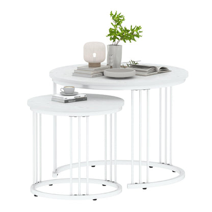Huhote Round Coffee Tables, Set of 2 End Table, Nesting Tables, Side Table with Metal Frame for Living Room/Bedroom/Balcony/Office/Apartment