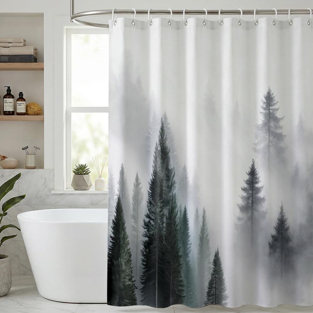 Rohxyzo Washable Shower Curtain with Hooks, Wet Room Shower Curtain 180 x 180 cm, Ink Art Misty Forest Print