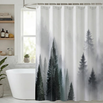 Rohxyzo Washable Shower Curtain with Hooks, Wet Room Shower Curtain 180 x 180 cm, Ink Art Misty Forest Print